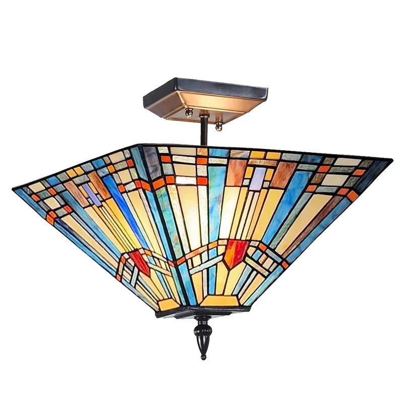 

Tiffany Style Pendant Light Fixtures 14” Wide Stained Glass Hanging Lamp Shade 2-Light Classical Mission Style Semi Flush Mount