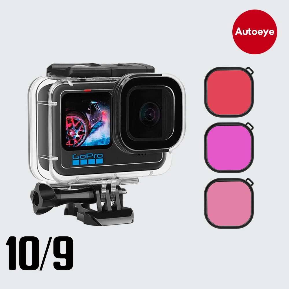 

60M Waterproof Case for GoPro Hero 10 Black Protective Diving Underwater Housing Shell Cover Red Purple Color Filter 3 Pack Kit