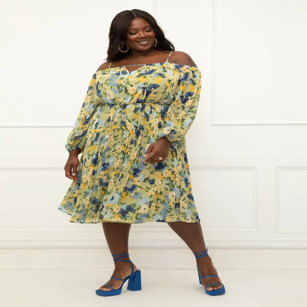 

HMCN Women`s Plus Size Pleated Off the Shoulder Dress