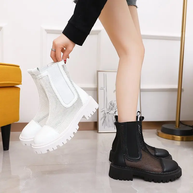 

New Gauze Thick Soled Chelsea Boots Women's English Muffin Hollowed Out Smoke Tube Sandals Summer Antiskid Durable Female Shoes