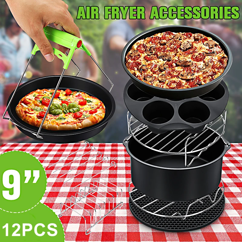 

12Pcs 9 Inch Air Fryer Accessories Fit for Airfryer 5.2-6.8QT Baking Basket Pizza Plate Grill Pot Kitchen Cooking Tool for Party