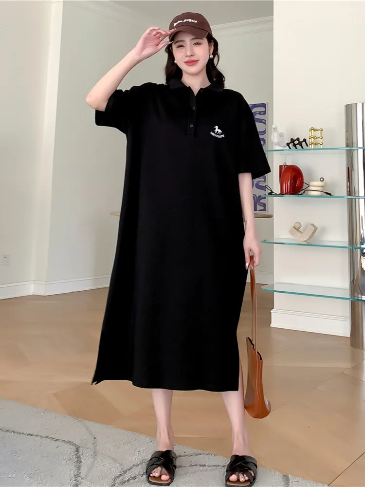 

Новинка лета 2023, длинное женское платье из трикотажной ткани, платье-поло с вышивкой и разрезом, большие размеры