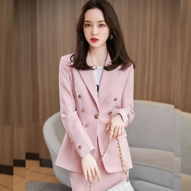

2022 spring new Korean version of the fashion temperament double breasted small suit OL professional suit suit jacket skirt suit