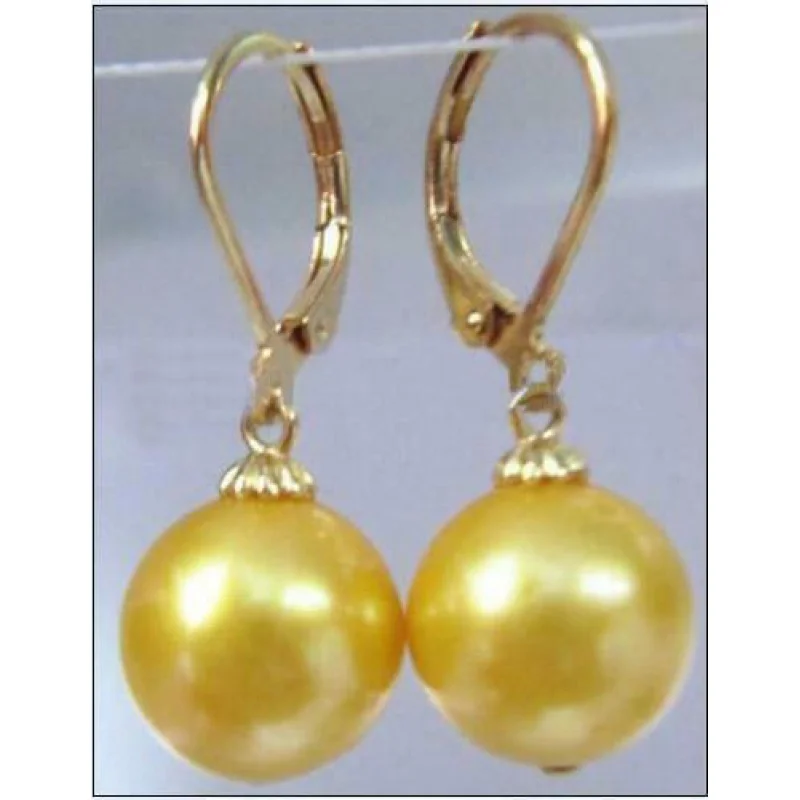 

New AAA 10-11mm Golden South Sea Pearl Earrings 14k Pure Gold