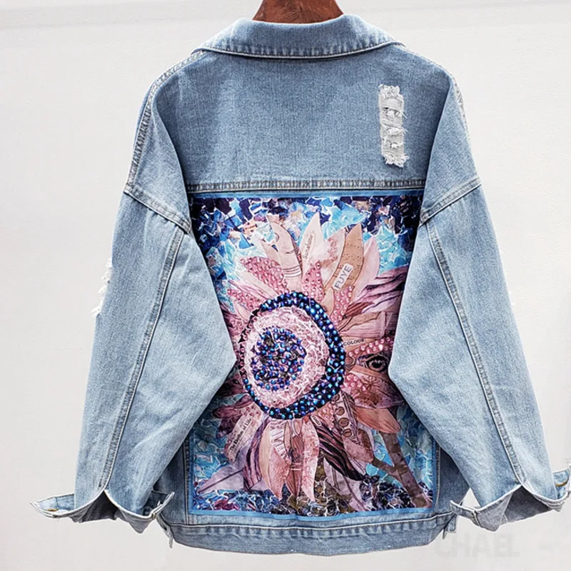 

Female Streetwear Hole Denim Jacket With Diamonds Women Spring Autumn Casual Jeans Coat Outwear Loose Cowboy Tops