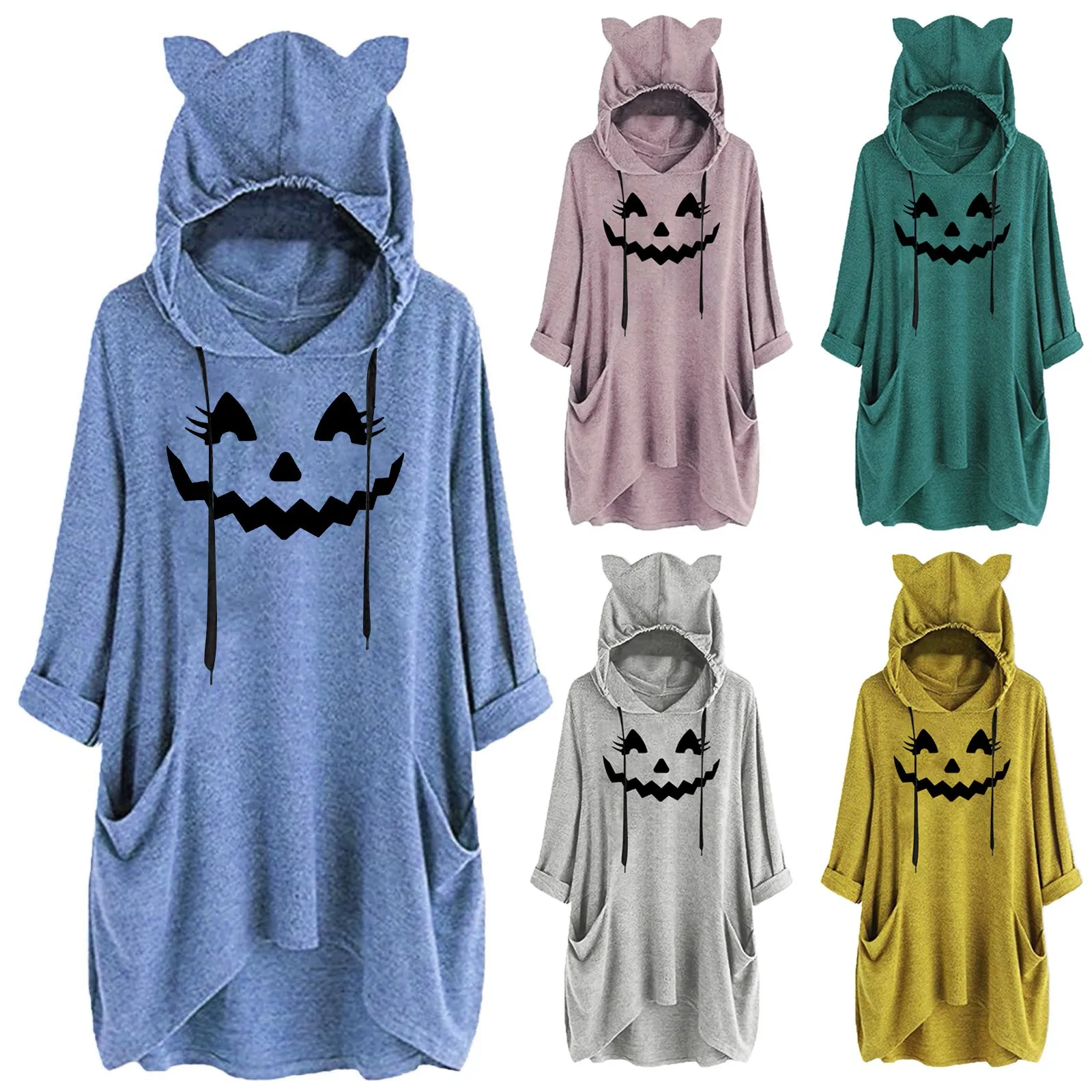 

Women Halloween Pumpkin Face Print Drawstring Big Size Long Hooded Pockets Cat Ear Sweatshirt Top Casual Long Sleeve Outerwear