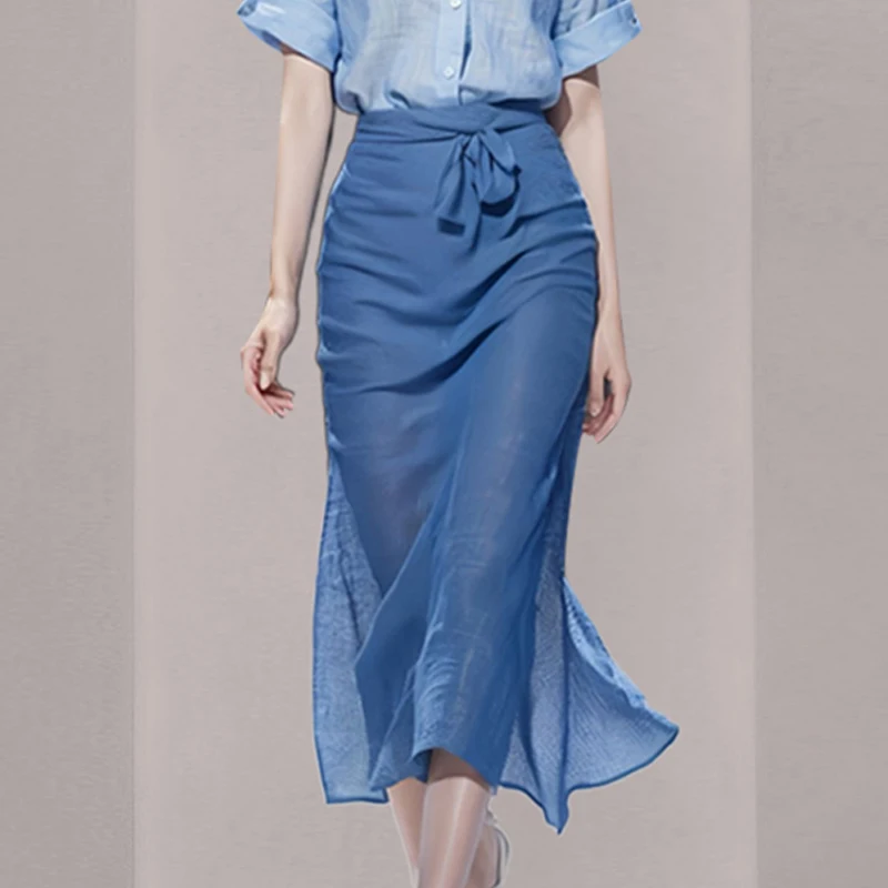 Женский Повседневный костюм с юбкой голубой топ и юбка завышенной талией