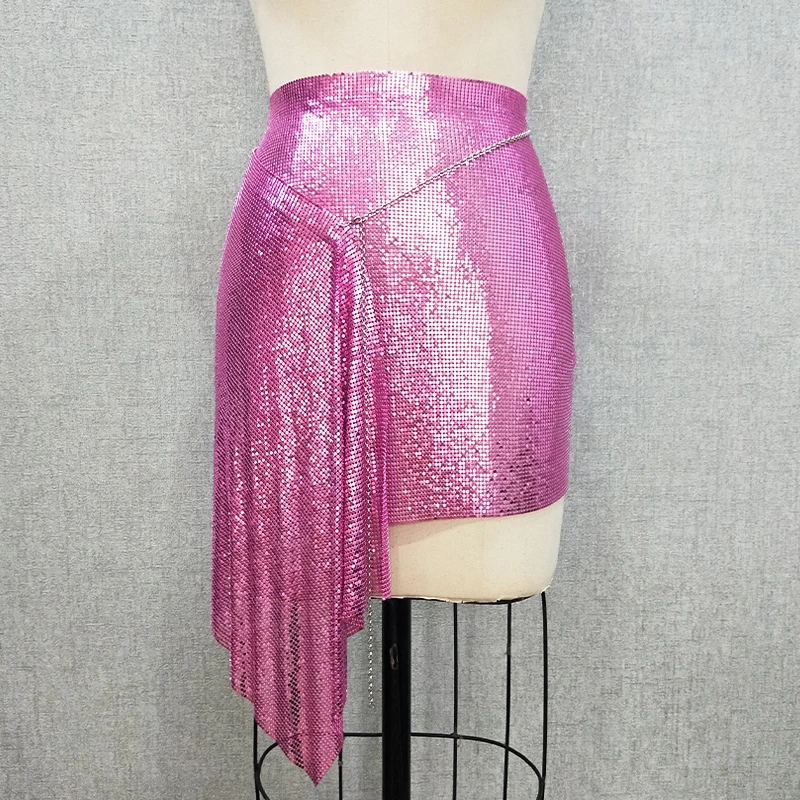 

Bling Bling Sexy Club Skirt Nightclub Metallic Asymmetric Sequin Metal Mesh Aluminum Chainmail Party Birthday Skirt 2022
