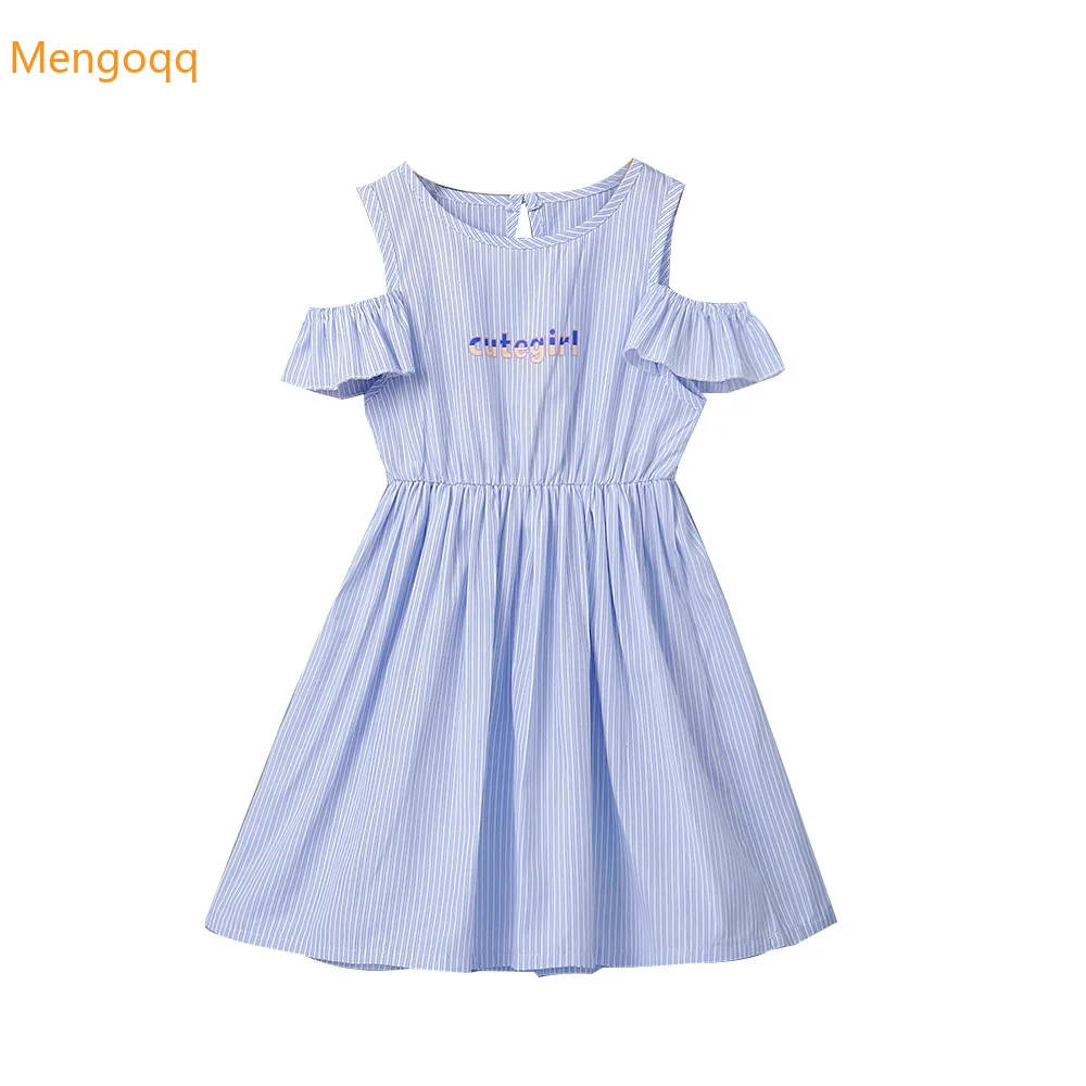 

Summer Young Children Girls Fly Sleeve Off Shoulder Striped Letter Knee-length Dress Kids Baby Clothing 18M-6Y