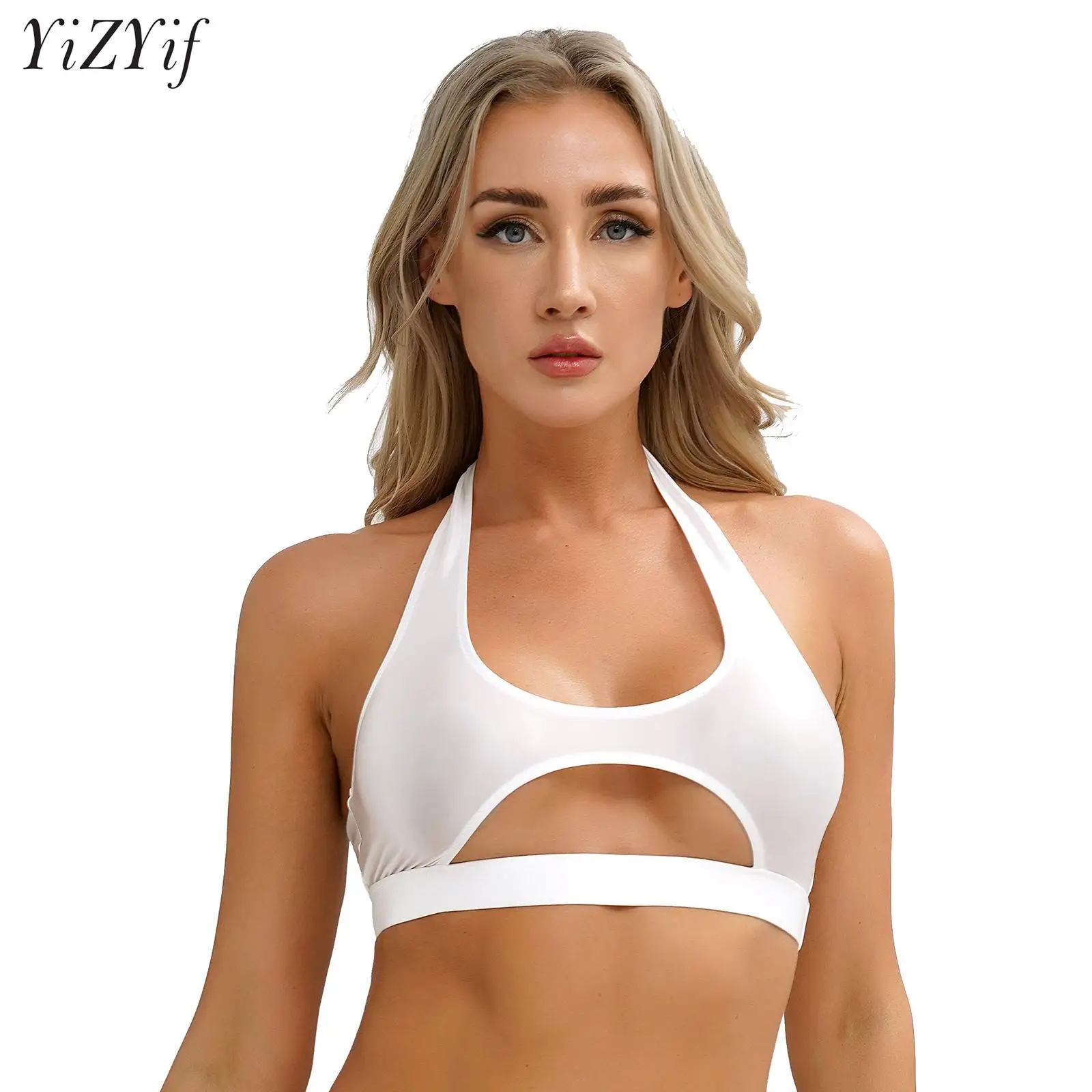 

Women's Glossy Halter Crop Tank Tops Solid Color Cut Out Sport Bra Gym Workout Fitness Stretchy Vest Pool Party Rave Clubwear