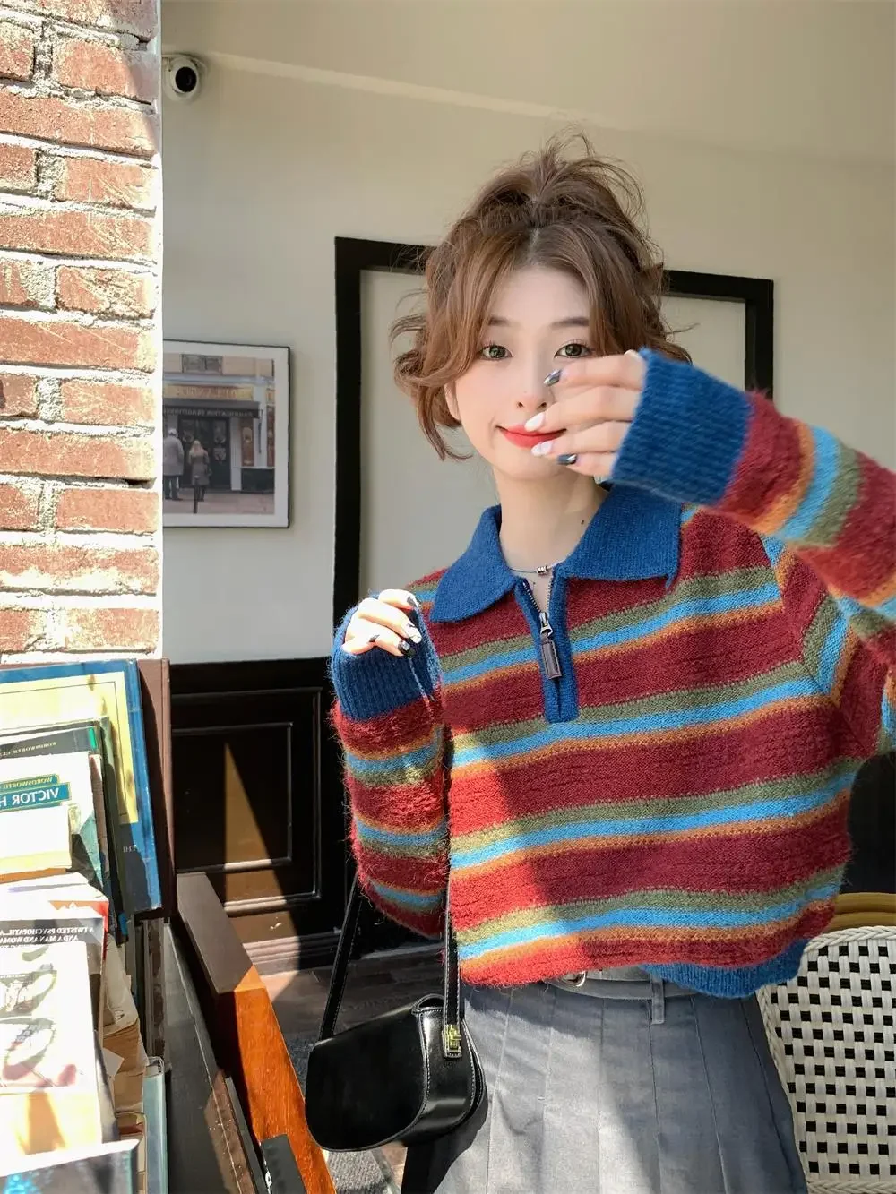 Осень/зима 2023 винтажный полосатый воротник-поло вязаный топ женский свободный
