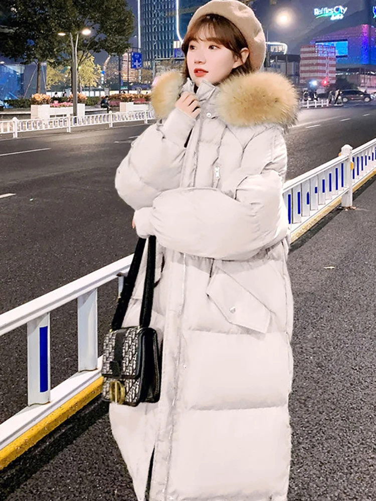 Women's Winter Long Down Cotton Jacket Korean Stye Large Fur Collar Hooded Thick Parkas Warm Loose Clothing Women Coat 2022