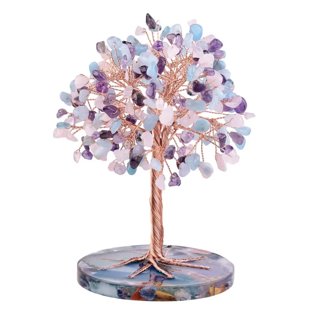 Natural Crystal Stone Money Tree With Agate Slice Base Bonsai Tree Feng Shui Decoration For Wealth And Luck Home Decor