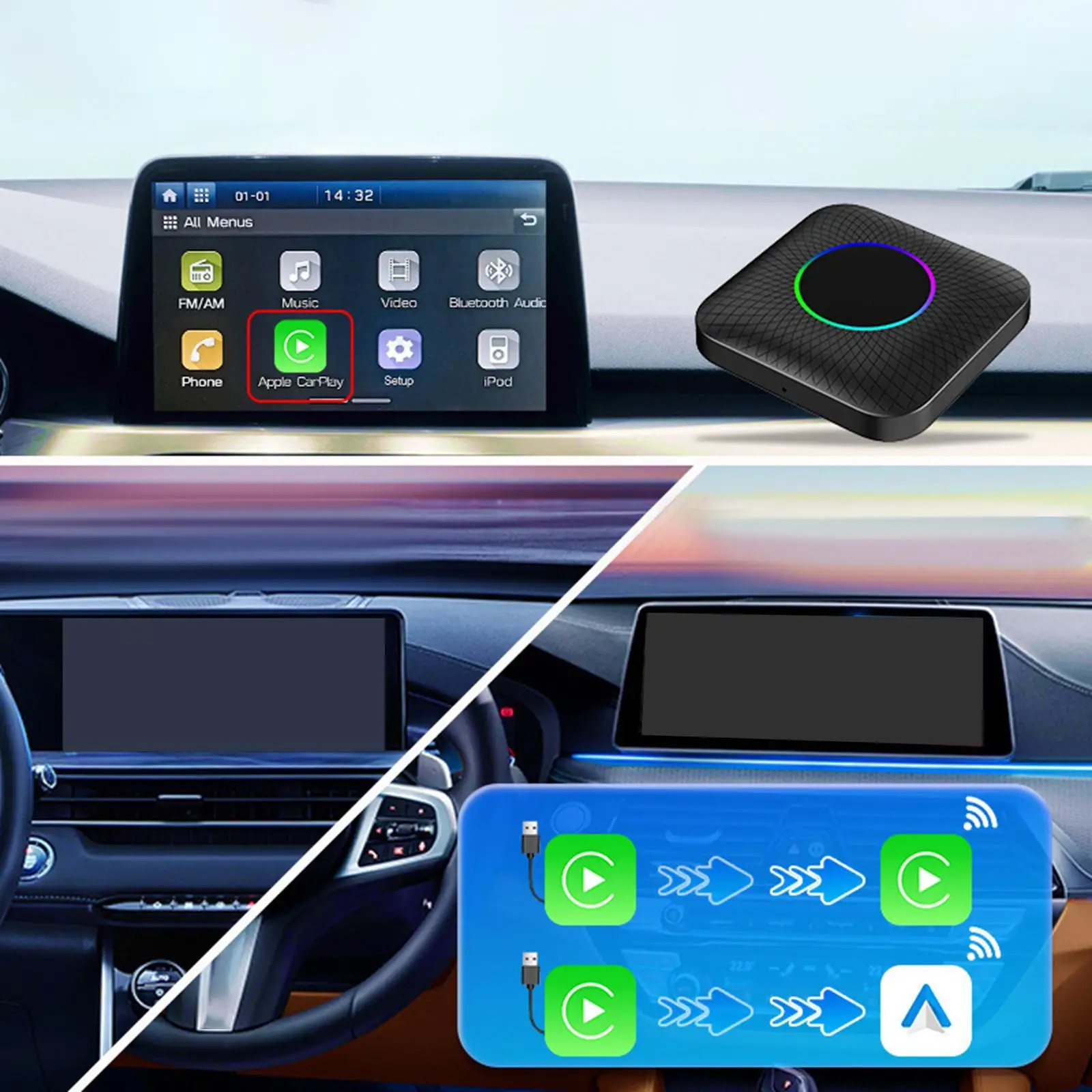 Фото Беспроводной CarPlay-бокс для Android 13: высокопроизводительный компактный автомобильный видеоплеер 8+128 ГБ, 4G, встроенный GPS, поддержка SIM и TF-карт, 8-ядерный процессор №3