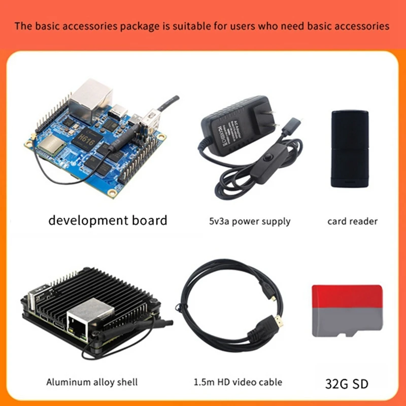 

Для Orange Pi Zero2 H616 1 ГБ DDR3 ОЗУ макетная плата + чехол + видеокабель + SD-карта 32 ГБ + кардридер + адаптер питания