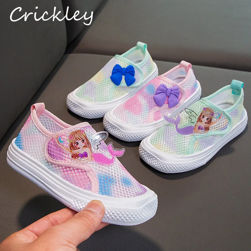 

Princess Children's Sneakers Spring Summer Breathable Mesh Girls Sport Shoes Cartoon Mermaid Bow Non Slip Kids Casual Shoes