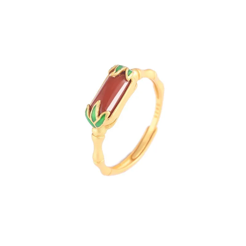 

JZ433 ZFSILVER Silver S925 Fashion Trendy Gold South Red Agate Simple Enamel Bamboo Knot Rectangle Rings For Women Wedding Party