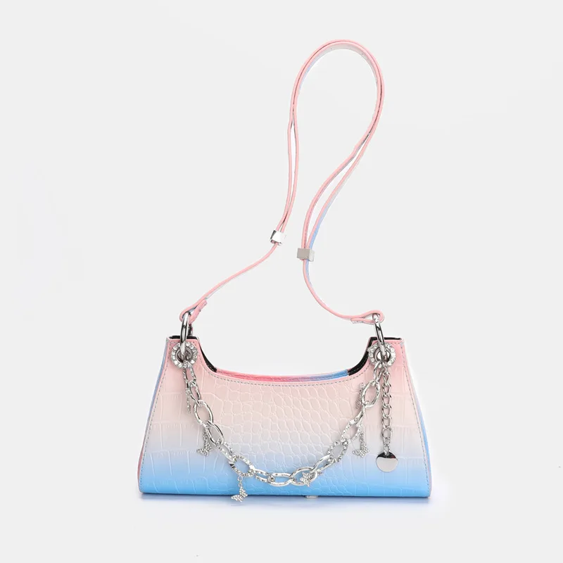 

2022 новая нишевая дизайнерская сумка через плечо с радужным градиентом, сумка-багет с крокодиловым узором и жемчугом, сумка-лягушка, сумка-ме...