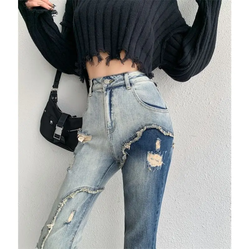 

New Frayed Stitching Ripped Jeans Women's High Waist Slim Stretch Slightly Flared Mop Pants Tide