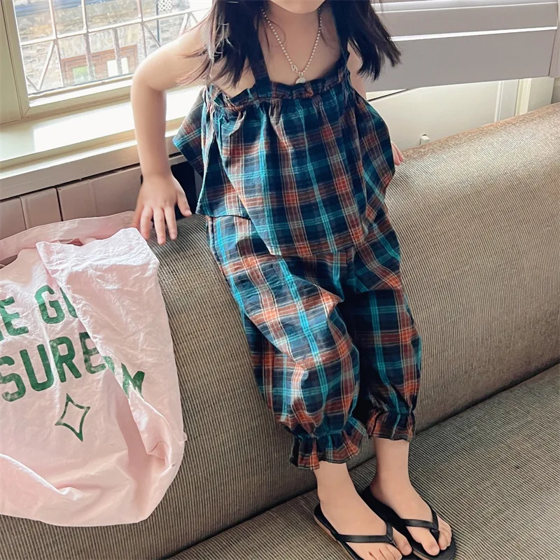 

2023 Summer New Baby Girls Sleeveless Clothes Set Children Sling Top + Jogger Pants 2pcs Suit Kids Toddler Cotton Plaid Outfits