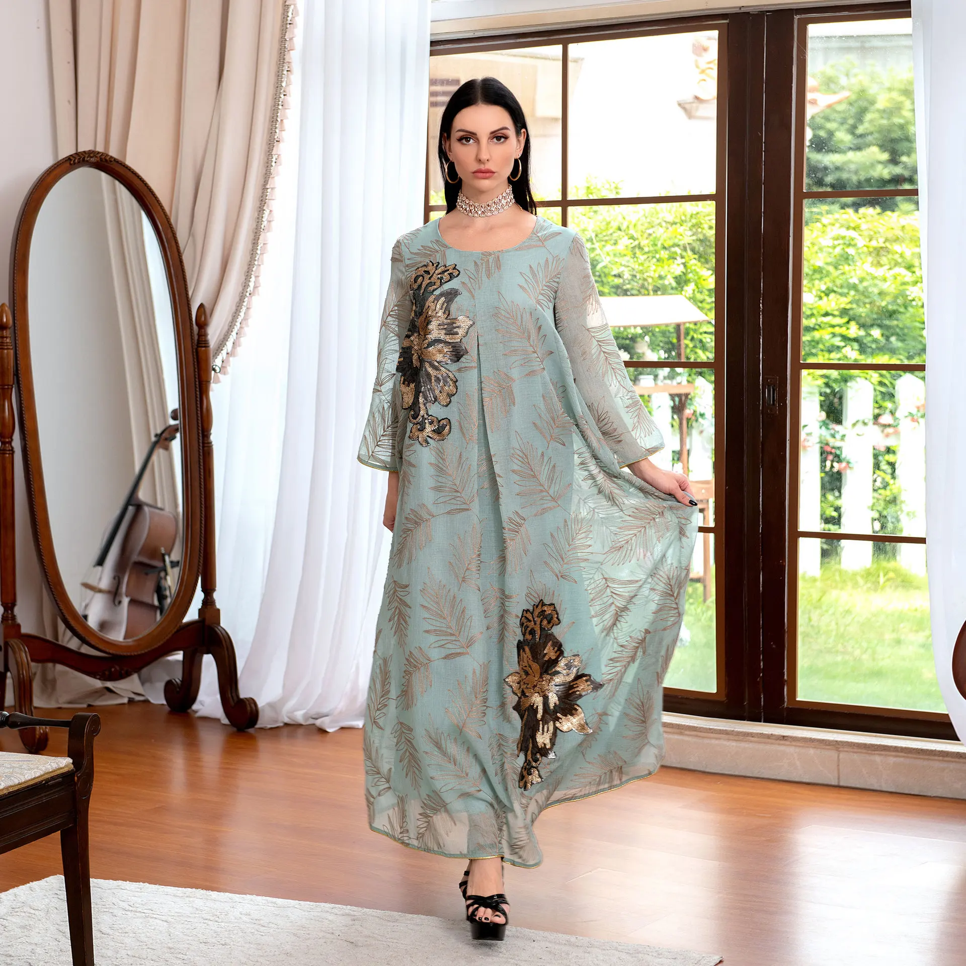 

Ramadan Eid Gorgeous Party Style Chiffon Appliques Embroidery Sequins Plus Size Woman Muslim Clothes Abaya Kebaya Dress Ab151