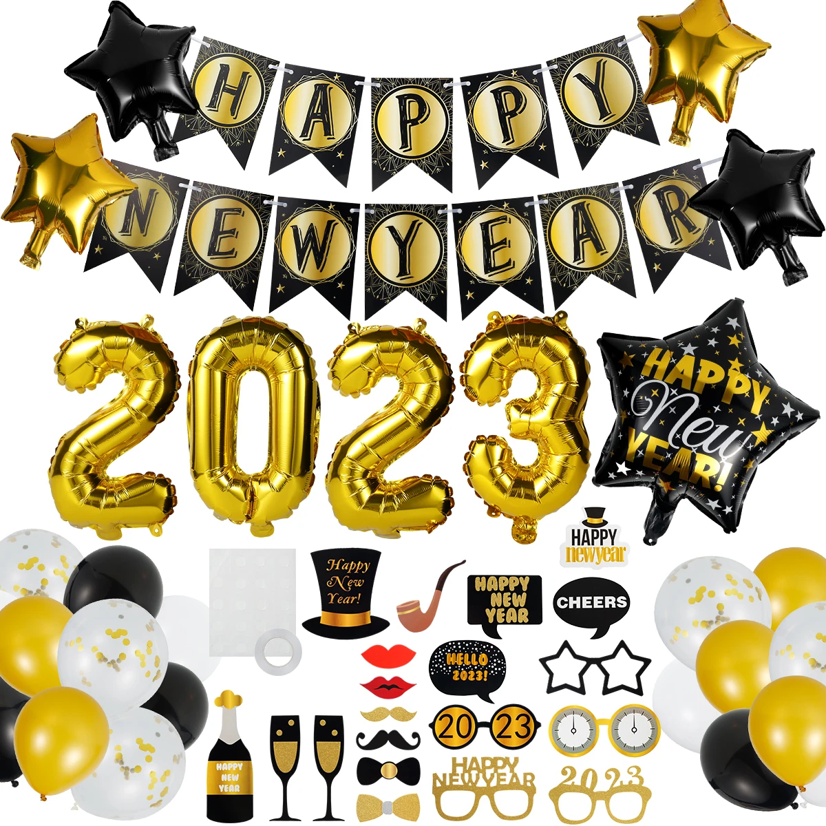

30Pcs New Year Balloon Kit Reusable Happy New Year Balloon Set 2023 Gold and Black Balloon New Year Eve Party Decoration Balloon