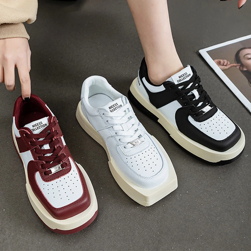 2023 Square Toe Chunky Sneakers Genuine Leather New Wedge Platform Shell Toe Breathable Vulcanized Summer Fashion Ladies Shoes