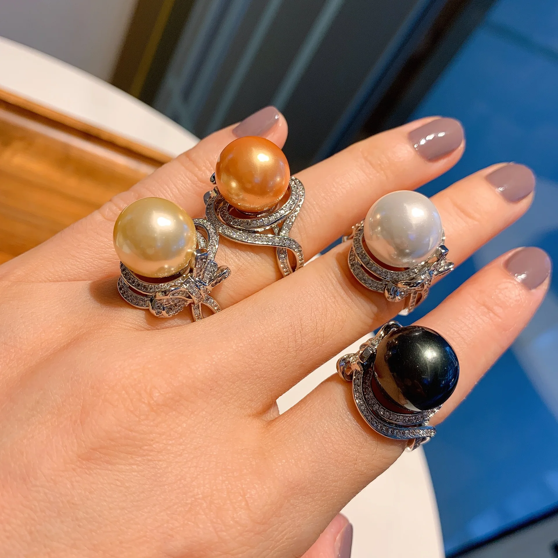

2022 New Trendy 14mm Big Pearl High Carbon Diamond Adjustable Ring for Women Charms Party Fine Jewelry Gift Wedding Anniversary