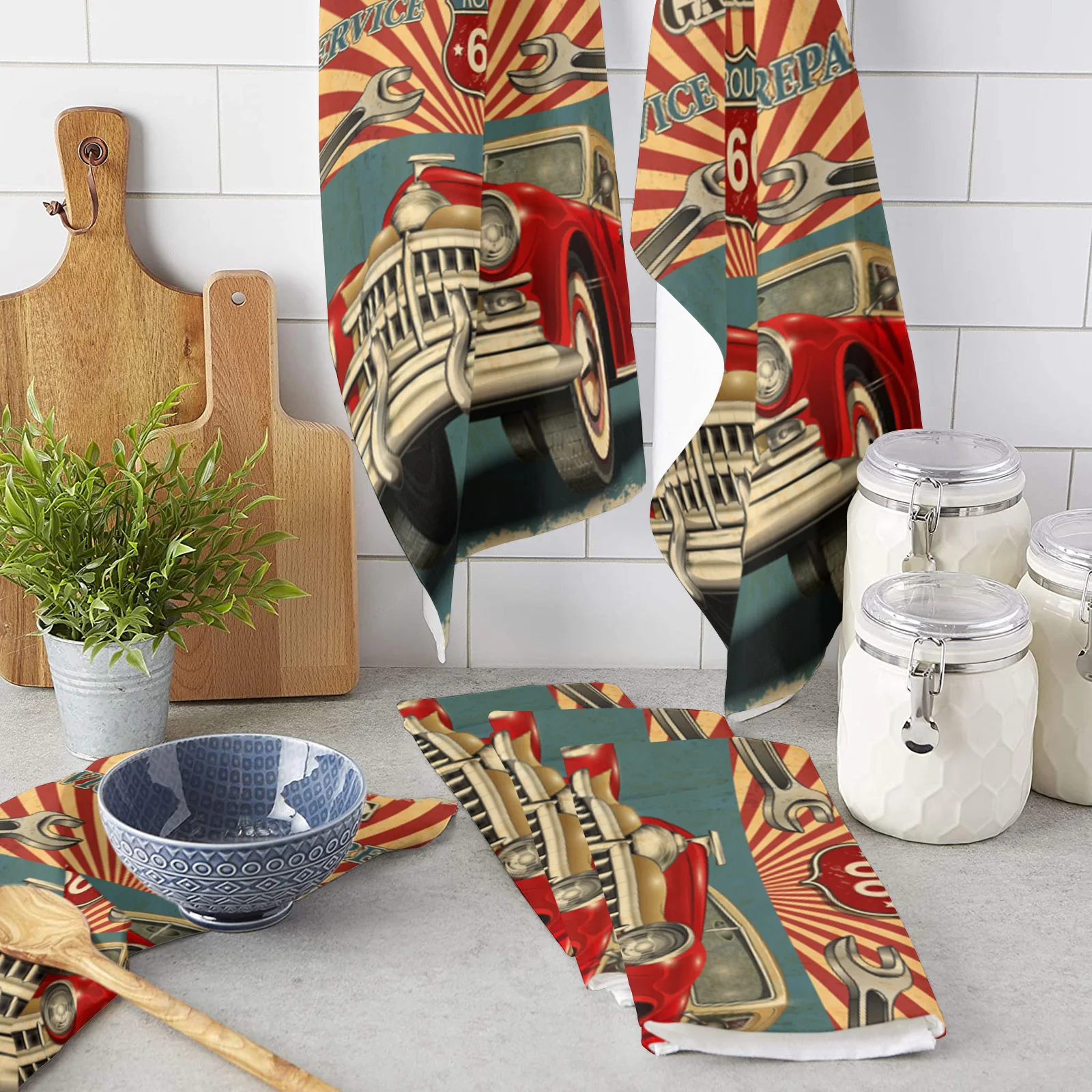 

Classic Car Vintage Poster Kitchen Towel Set Cleaning Cloth Kitchen Accessories Dish Washing Cloth Household Decoracion