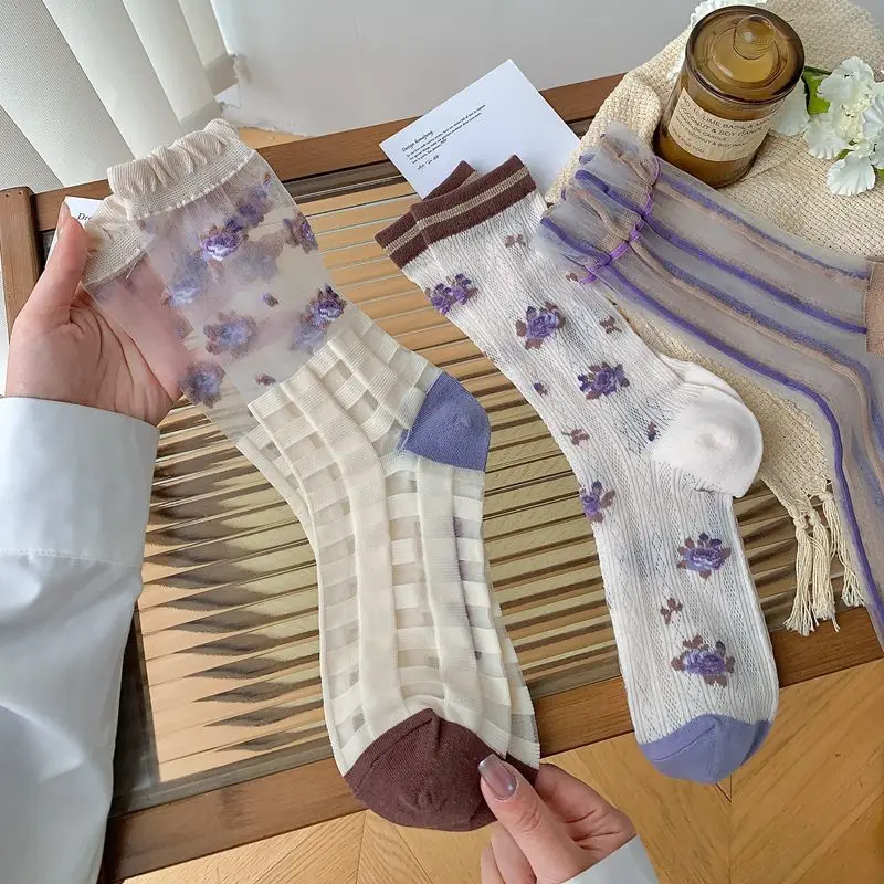 

Женские тонкие летние модные новые фиолетовые яркие повседневные женские носки Kawai в японском стиле милые короткие носки мягкие прозрачные для девушек