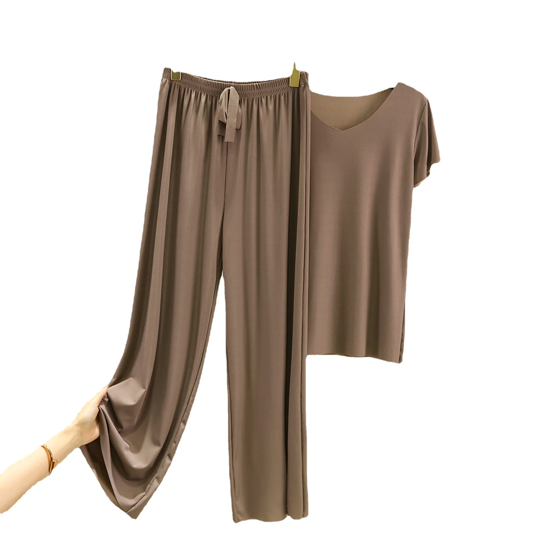 New Summer Ice Silk Pajama Suit, V-Neck Short Sleeve Pants Two-Piece Leisure Sleepwear Sets,Comfortable and Simple Home Clothes