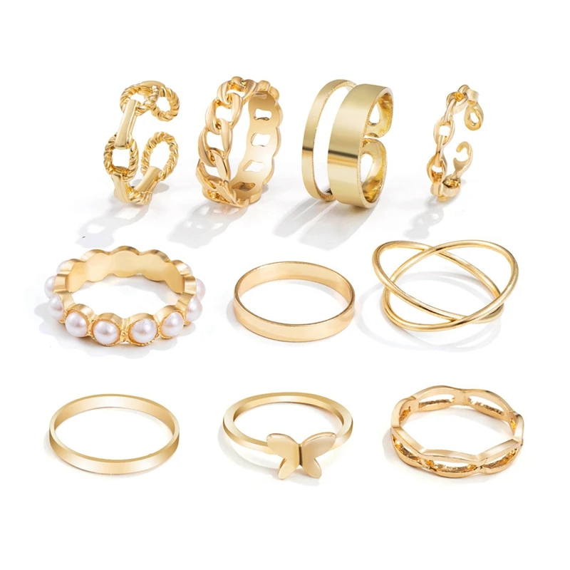 

10Pcs Adjustable Ring Set, Ladies Punk Geometric Simple Ring, Butterfly Pearl Ring
