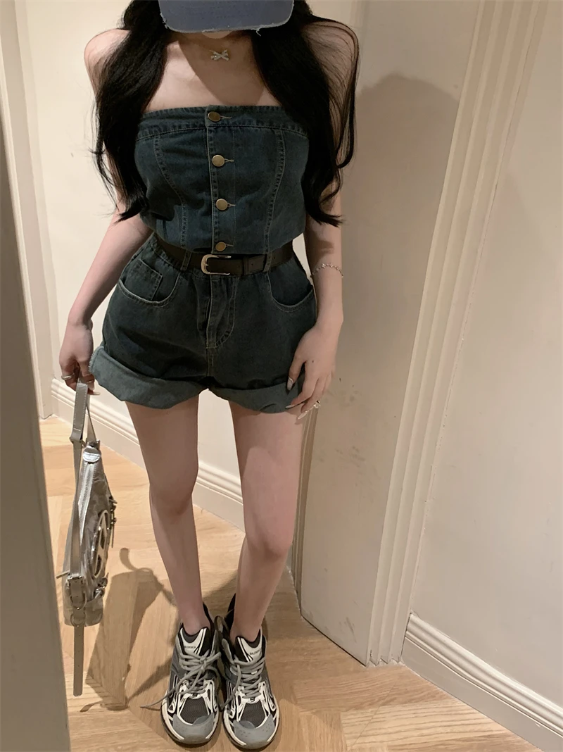 

Женский джинсовый комбинезон с открытой спиной, без рукавов, на молнии