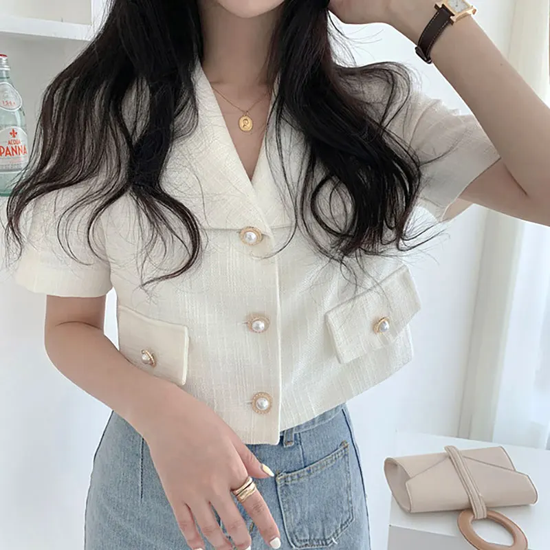 

New Korea Summer Retro Small Fragrant Lapel Three Button Short Tops Slim Short Sleeve Suit Coat Women Blazers And Jackets