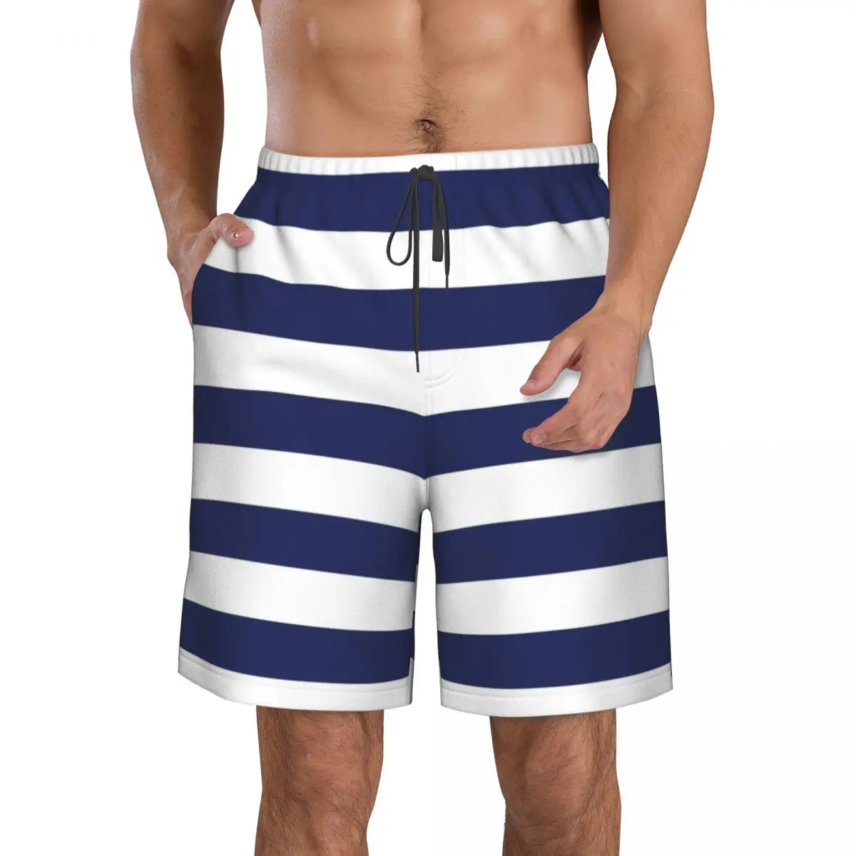 

Пляжные шорты в темно-синюю и белую полоску, мужские пляжные брюки с сетчатой подкладкой, морские современные пляжные шорты, Быстросохнущий...