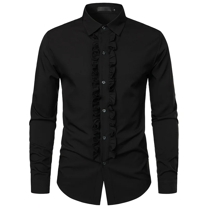 Мужская рубашка с длинными рукавами #4742 черная белая розовая разрезом оборками