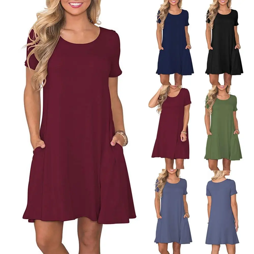 

Повседневное женское однотонное платье-футболка с коротким рукавом и круглым вырезом, свободного покроя, с карманами