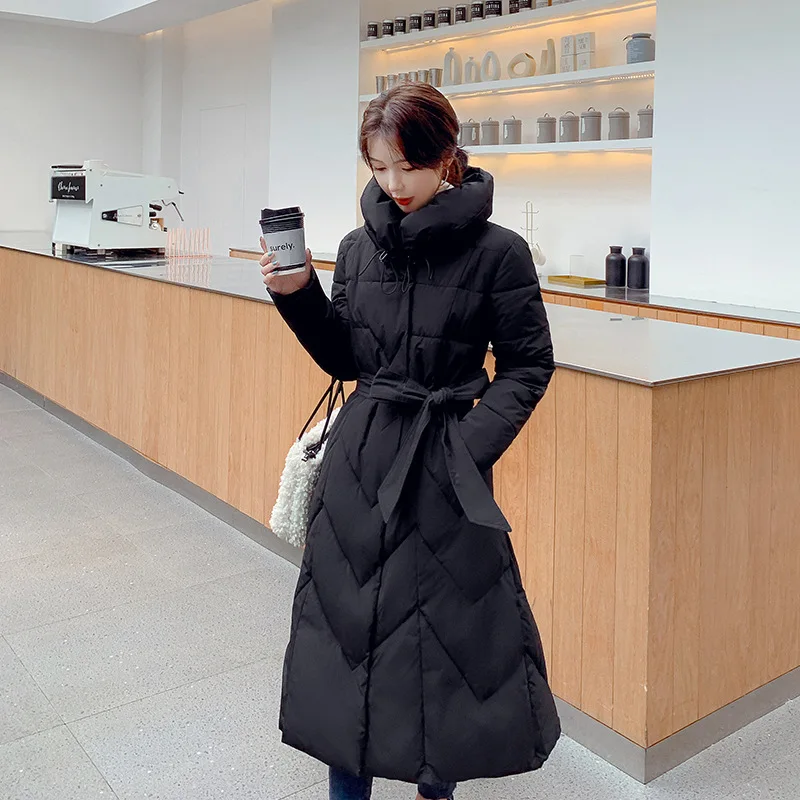 TWINFLAMES Thicken Parkas Women Fashion Long Loose Cotton Jacket Coats Women Elegant Belt Cotton Jackets Female Ladies