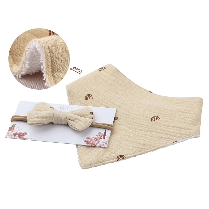 

2 Pcs Baby Girls Elastic Bow Headband Saliva Towel Set Princess Bowknot Hair Band Bib Kit Soft Cotton Solid Color Feeding Burp