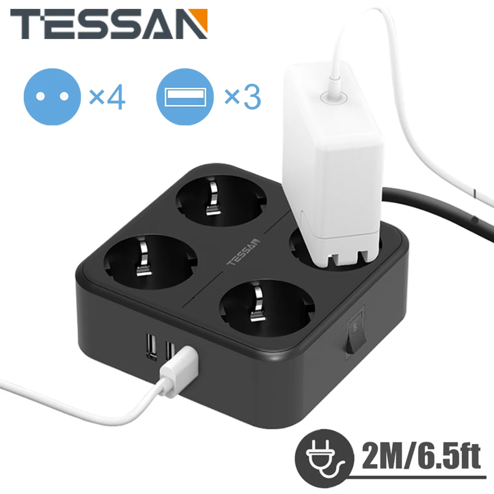 

Удлинитель TESSAN с 4 розетками переменного тока, 3 USB-порта и 2 м кабелем