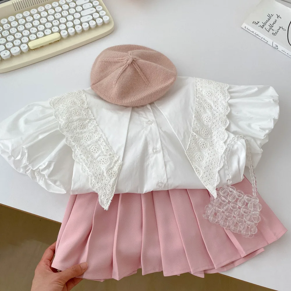 

5235B Одежда для девочек в Корейском стиле, Новинка лета 2023, женская рубашка с рукавами-фонариками и острым воротником или розовая плиссированная юбка