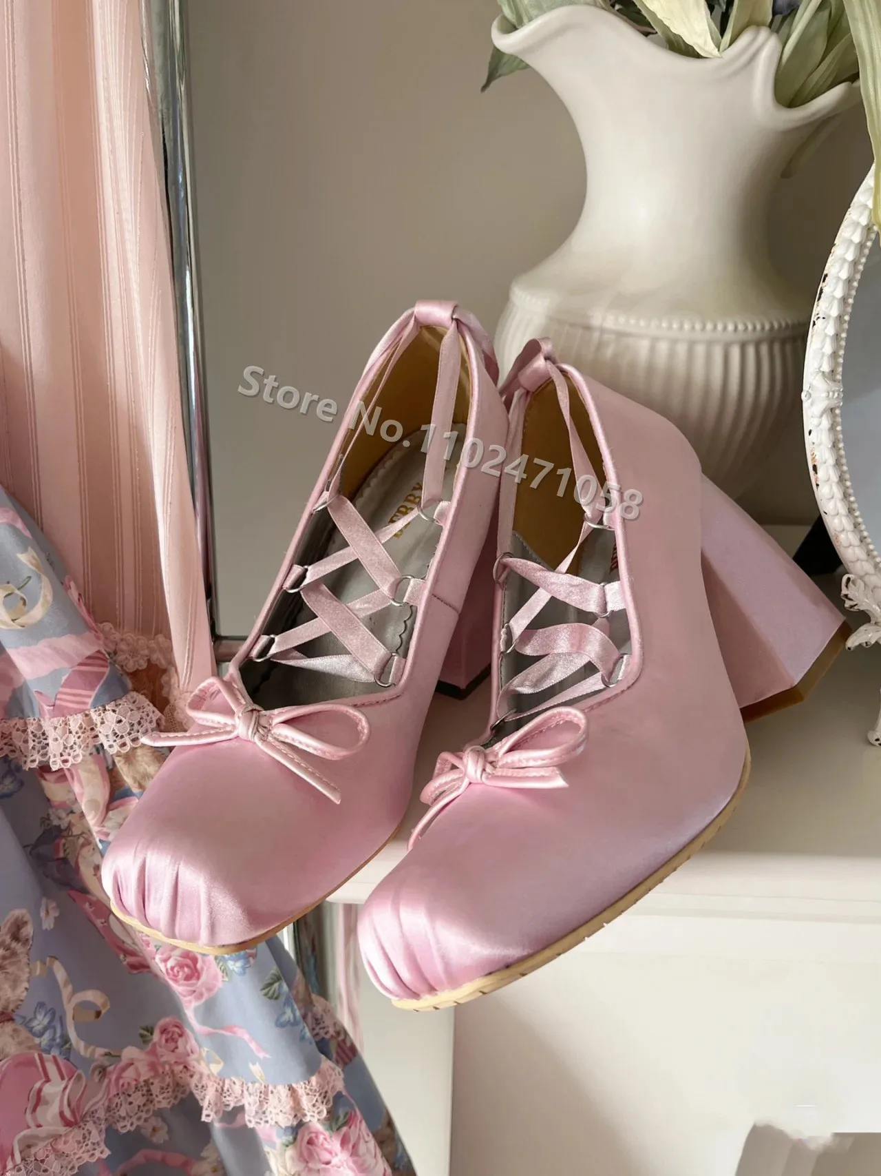 Lolita Girls Silk Butterfly Knot Ballet Hight Heels French Square Toe Chunky Heels Women Sandals Ankle Lace-Up Cross-Tied Pumps