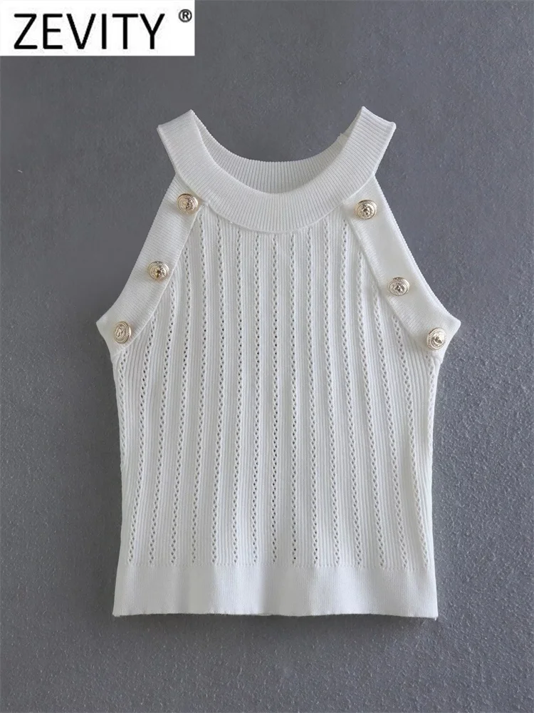 

Zevity Women Fashion Buttons Design Hollow Out Knitting Smock Blouse Female Sleeveless Vest Shirt Chic Crop Blusas Tops LS2854