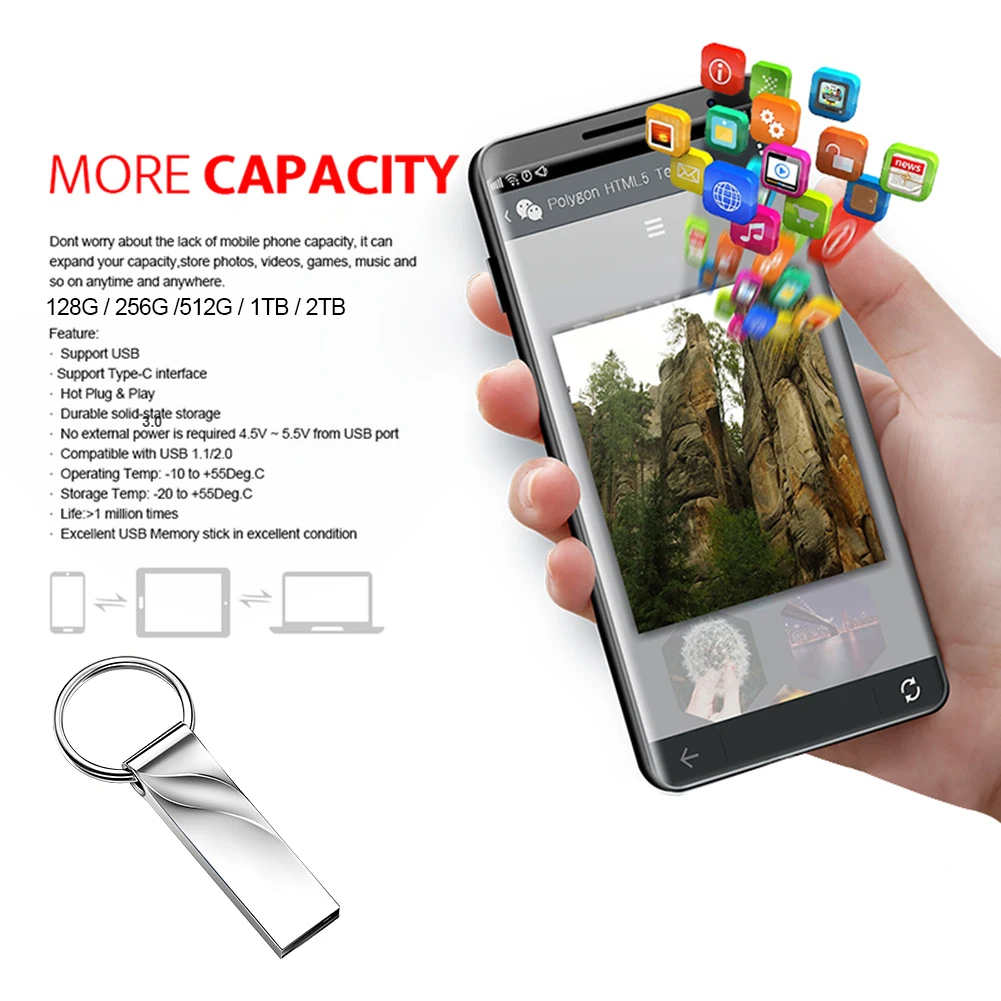 Фото Металлический флэш-накопитель Lenovo, 2 ТБ, USB3.0, 128 ГБ, U-диск, 600 МБ/с, 1 ТБ, 512 ГБ, USB3.2, сверхпрочный флэш-накопитель для видео 8 КБ/сателит, военный №2