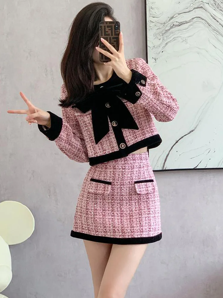 Женский офисный костюм из двух предметов розовая мини-юбка с бантом и короткая