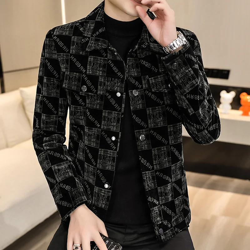 

Luxury Velvet Plaid Jacket for Men Lapel Slim Fit Business Casual Outwear Autumn Social Streetwear Bomber Jacket Men Clothing