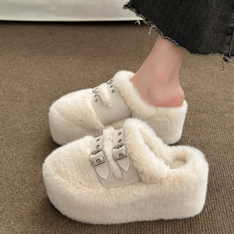 

Shoes Woman 2023 Plush Slippers For Adults Cover Toe Flock Heeled Mules Pantofle Platform Fur High Massage New Wedge Slides Rome