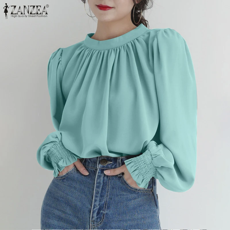 

ZANZEA Fashion Solid Ruffles Tops Women Elegant Long Puff Sleeve Office Work Blouse Spring Shirt Female Lace Up Party Blusas