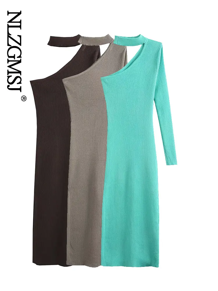 

Nlzgmsj 2022 Knitted One Shoulder Elegant Dresses For Women Shrug Side Split Sexy Bodycon Summer Autumn Casual Y2K Clothing
