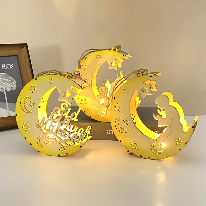 

Eid Mubarak Moon Star Wooden LED Light Pendant Ramadan Hanging Decoration Islam Mosque Lamp Muslim Eid Al Adha Party Kareem Gift